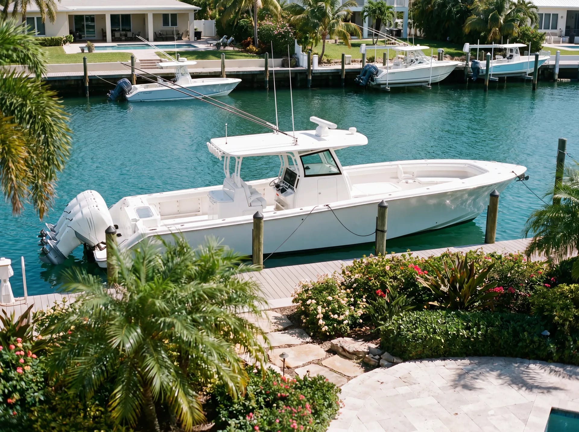 Windward crew caring for a boat on a private dock in Jupiter, Florida