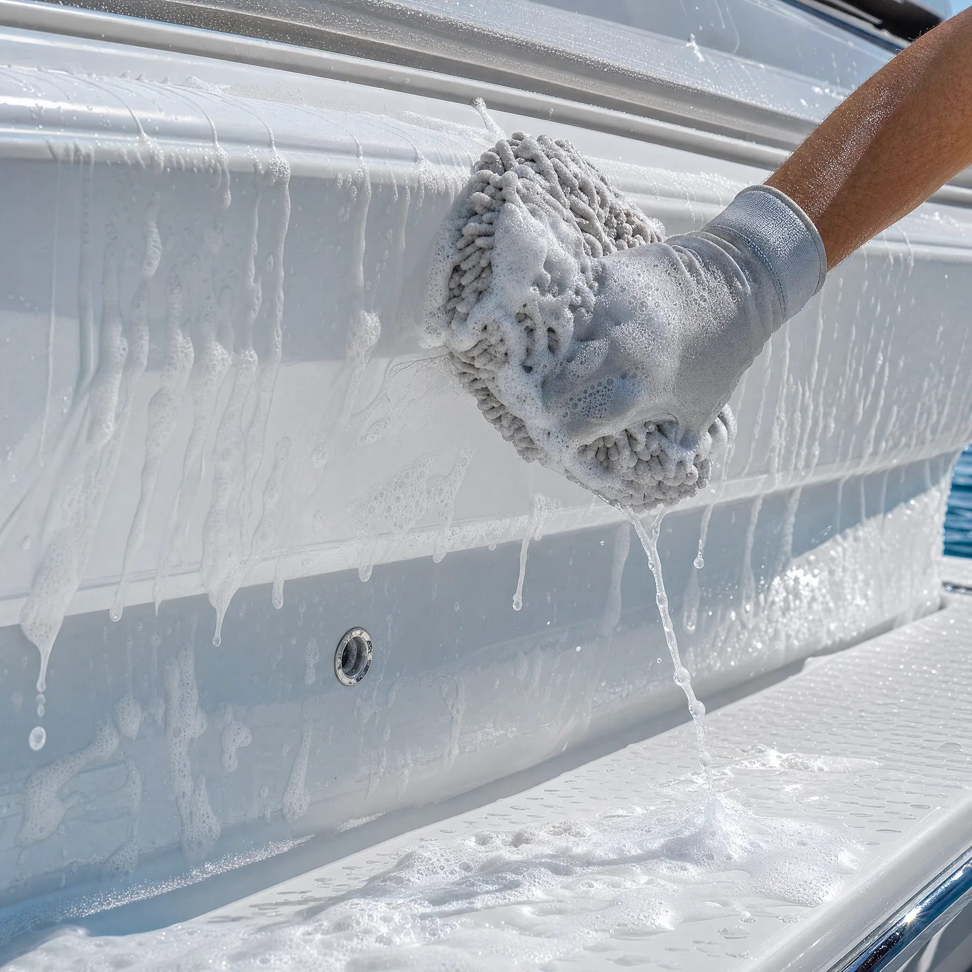A crew member hand-detailing a boat hull with a soapy mitt during a maintenance detail